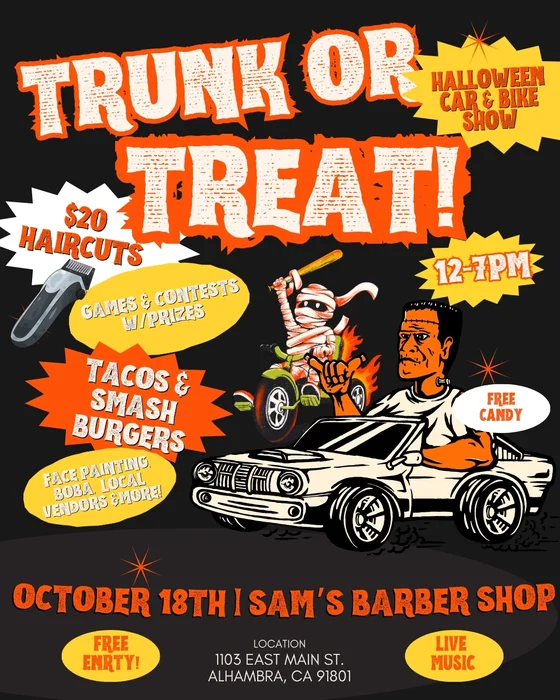 Event flyer for Sam's Barber Shop Trunk or Treat