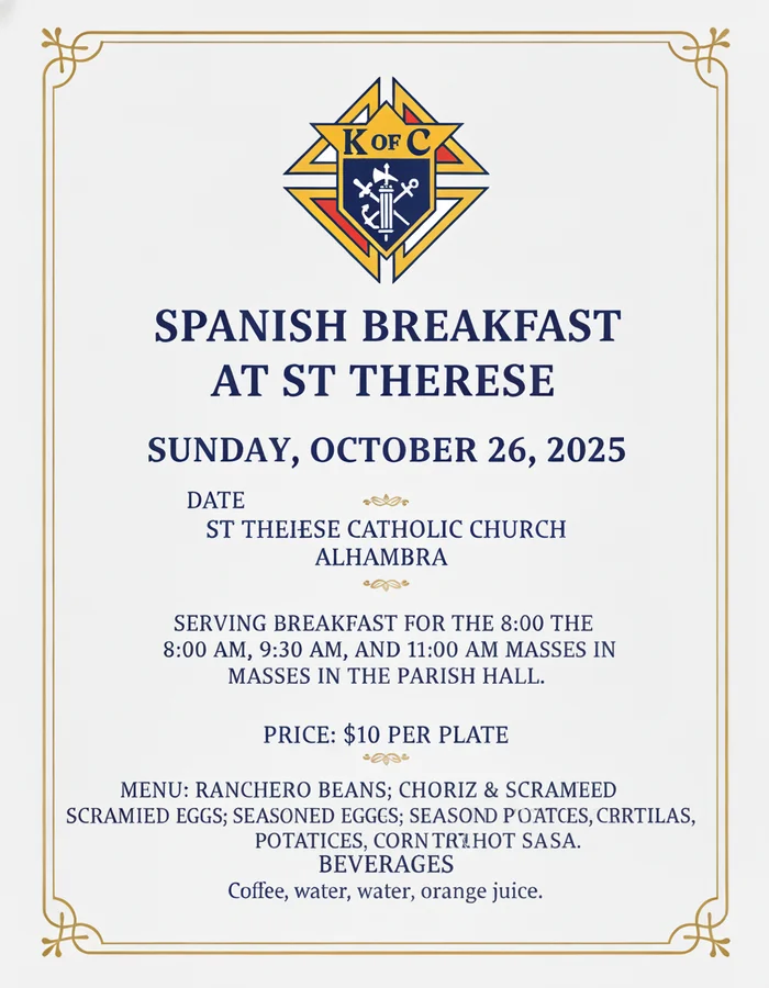 Event flyer for Spanish Breakfast at St Therese
