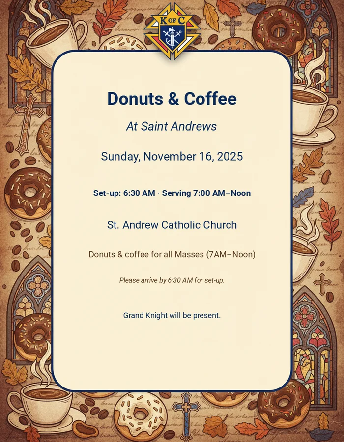 Event flyer for Doughnuts & Coffee At Saint Andrews