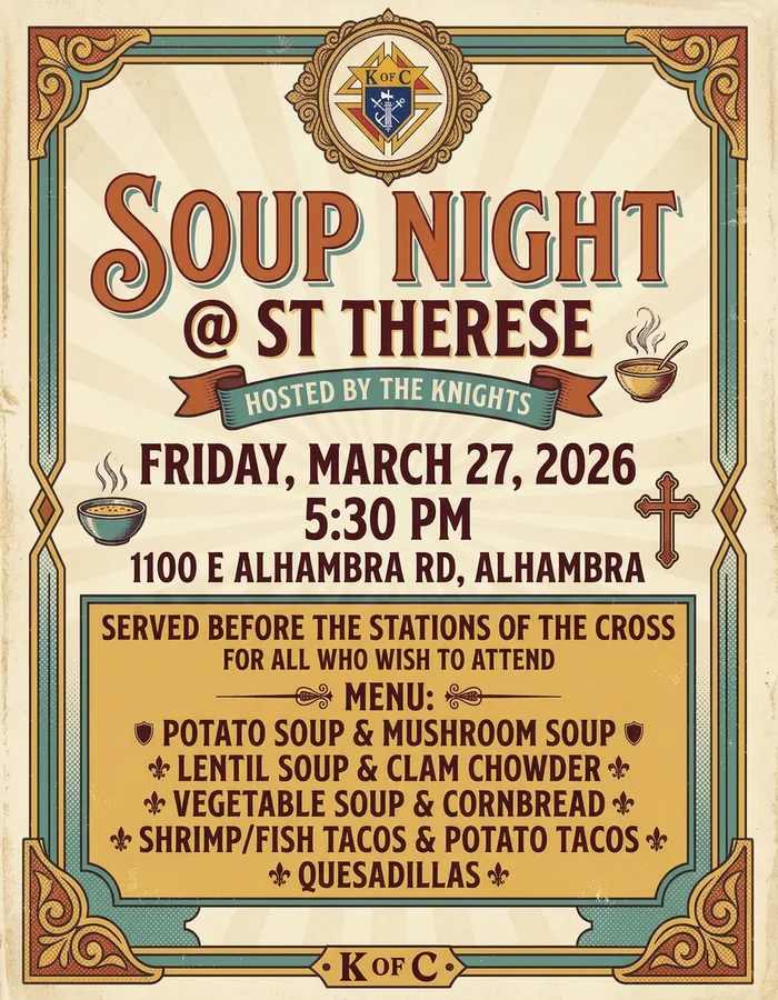 Event flyer for Soup Night @ St Therese